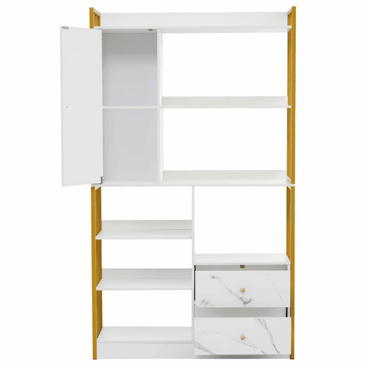 Estante com 5 prateleiras, 1 porta e 2 gavetas - Estilo industrial - Branco e dourado