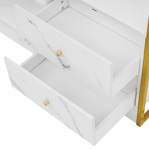 Estante com 5 prateleiras, 1 porta e 2 gavetas - Estilo industrial - Branco e dourado