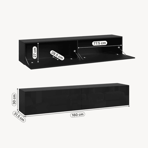 Prateleira suspensa Evaton 2 portas 160x32x30cm Preto alto brilho en.casa