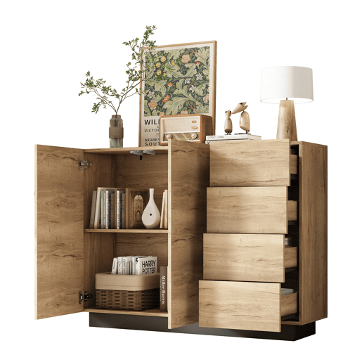 Aparador de painel de partículas com 2 portas e 4 gavetas,natural+preto