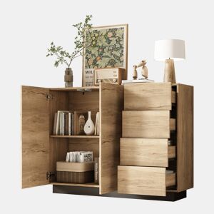 Aparador de painel de partículas com 2 portas e 4 gavetas,natural+preto