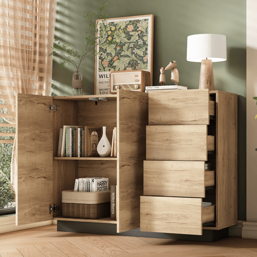 Aparador de painel de partículas com 2 portas e 4 gavetas,natural+preto