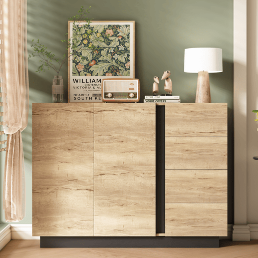 Aparador de painel de partículas com 2 portas e 4 gavetas,natural+preto