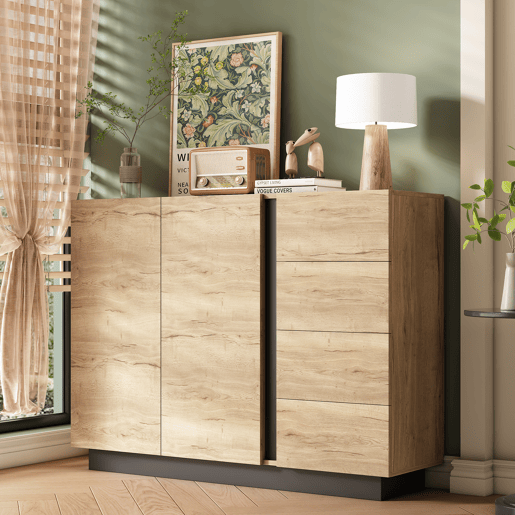 Aparador de painel de partículas com 2 portas e 4 gavetas,natural+preto