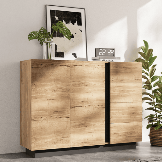 Aparador de painel de partículas com 2 portas e 4 gavetas,natural+preto