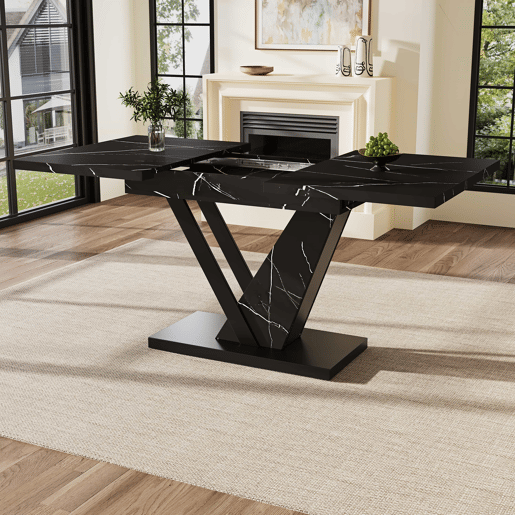 Mesa extensível telescópica 120-160*75 cm - Mesa de cozinha, design com padrão mármore preto