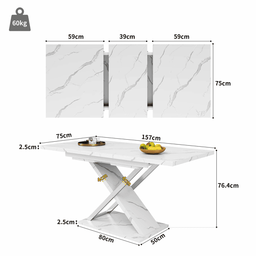 Mesa extensível 118-157 cm - Mesa de jantar e cozinha com pernas cruzadas - Branco