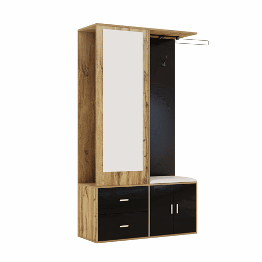 Conjunto de armário - 5 ganchos - espelho, sapateira, banco e cabides extensíveis - Preto + Natural