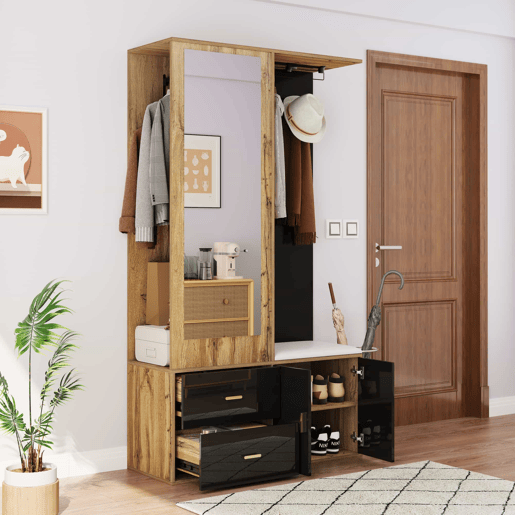 Conjunto de armário - 5 ganchos - espelho, sapateira, banco e cabides extensíveis - Preto + Natural