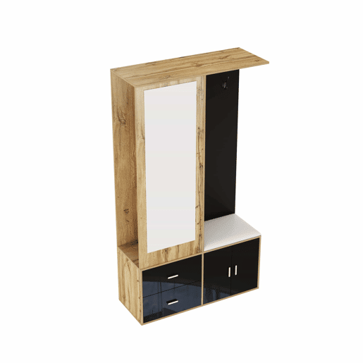 Conjunto de armário - 5 ganchos - espelho, sapateira, banco e cabides extensíveis - Preto + Natural