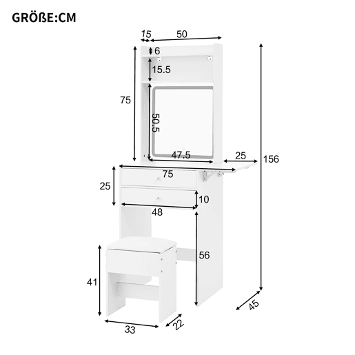 Toucador de mdf com espelho e 2 gavetas,branco Toucador de mdf com espelho e 2 gavetas,branco