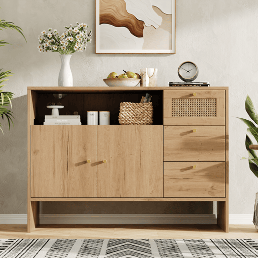 Aparador de painel de partículas com 2 portas e 3 gavetas,natural