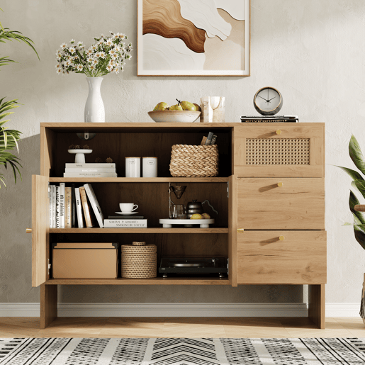 Aparador de painel de partículas com 2 portas e 3 gavetas,natural