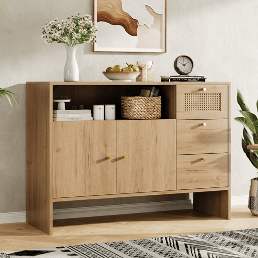 Aparador de painel de partículas com 2 portas e 3 gavetas,natural