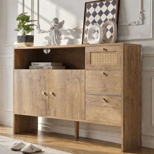 Aparador de painel de partículas com 2 portas e 3 gavetas,natural