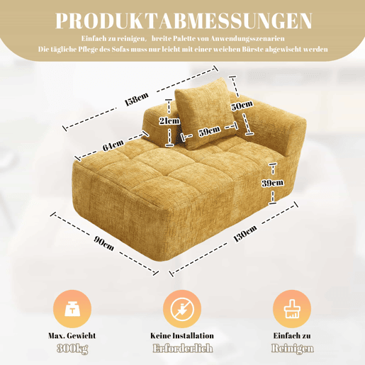 Sofá Chaiselongue confortável - Sem montagem, macio com almofadas e bolsos laterais - Amarelo