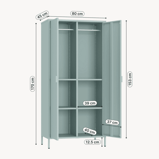 Roupeiro Esteli 2 varões 4 prateleiras reguláveis aço 170x80x45 cm Verde menta en.casa