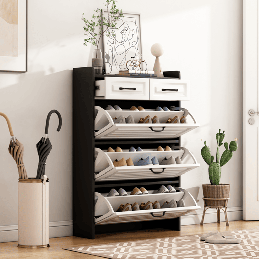 Sapateira de painel de partículas com 3 tabuleiros,preto+branco