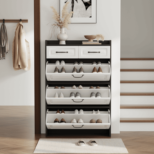 Sapateira de painel de partículas com 3 tabuleiros,preto+branco