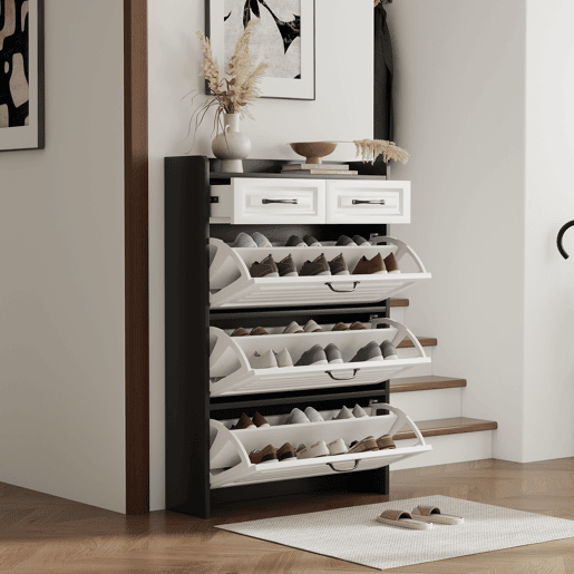 Sapateira de painel de partículas com 3 tabuleiros,preto+branco
