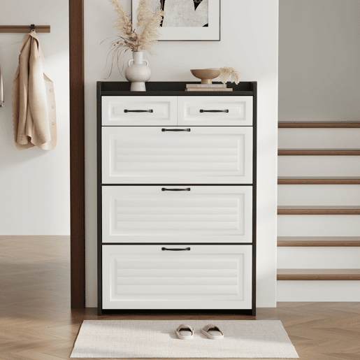 Sapateira de painel de partículas com 3 tabuleiros,preto+branco