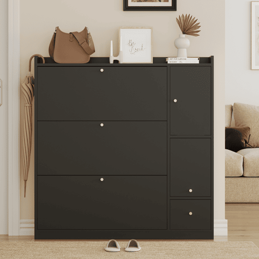 Sapateira de painel de partículas com 1 porta e 3 tabuleiros,preto