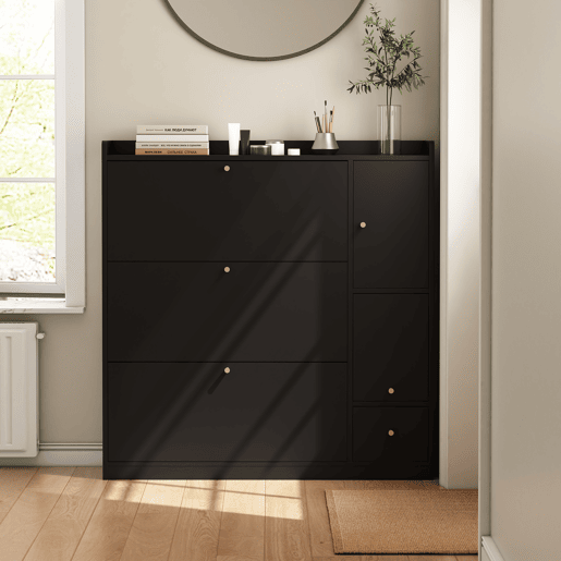 Sapateira de painel de partículas com 1 porta e 3 tabuleiros,preto