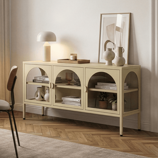 Vitrina aparador Klippestad 3 portas aço 118x35x55 cm cor de camelo en.casa