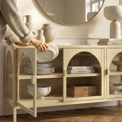 Vitrina aparador Klippestad 3 portas aço 118x35x55 cm cor de camelo en.casa