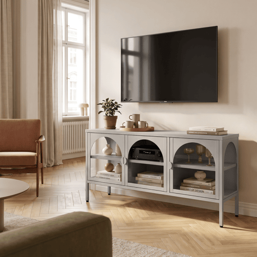 Vitrina aparador Klippestad 3 portas aço 118x35x55 cm Cinzento quente en.casa