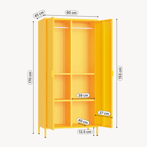 Roupeiro Esteli 2 varões 4 prateleiras reguláveis aço 170x80x45 cm Amarelo en.casa