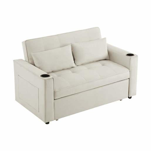 Sofá-cama rebatível multi-ângulo ajustável - 2 lugares - Tecido de veludo - Com suportes para copos e almofadas - Bege