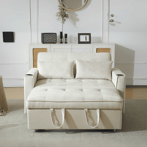 Sofá-cama rebatível multi-ângulo ajustável - 2 lugares - Tecido de veludo - Com suportes para copos e almofadas - Bege