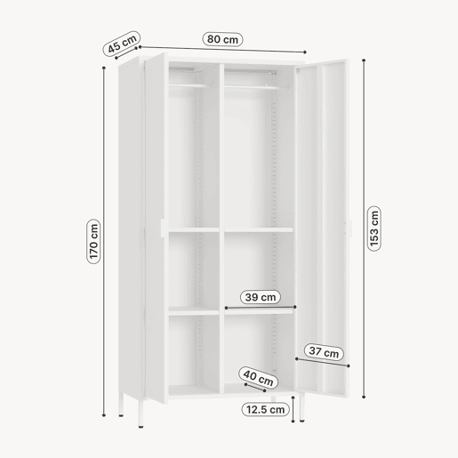 Roupeiro Esteli 2 varões 4 prateleiras reguláveis aço 170x80x45 cm Branco en.casa