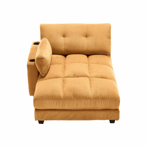 Poltrona de palma - Estofamento com franjas macias - Com apoios de braços com almofadas removíveis, encosto ajustável, três porta-copos e bolso lateral - Amarelo mostarda