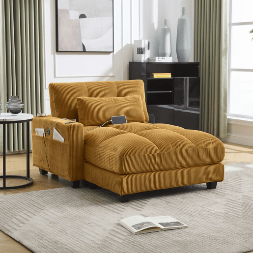 Poltrona de palma - Estofamento com franjas macias - Com apoios de braços com almofadas removíveis, encosto ajustável, três porta-copos e bolso lateral - Amarelo mostarda
