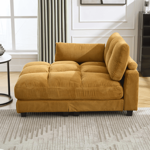 Poltrona de palma - Estofamento com franjas macias - Com apoios de braços com almofadas removíveis, encosto ajustável, três porta-copos e bolso lateral - Amarelo mostarda