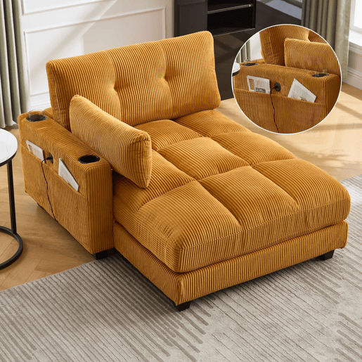 Poltrona de palma - Estofamento com franjas macias - Com apoios de braços com almofadas removíveis, encosto ajustável, três porta-copos e bolso lateral - Amarelo mostarda