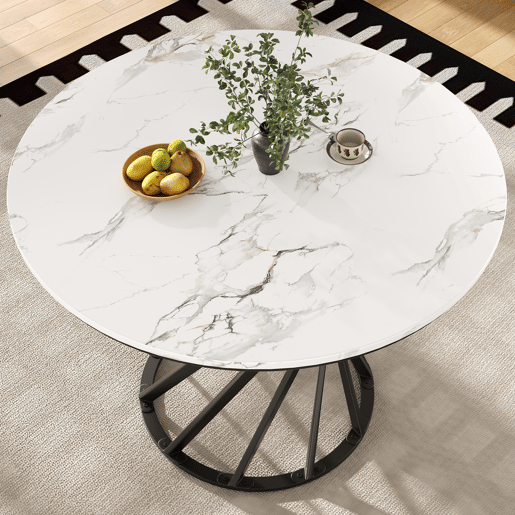 Mesa redonda 80x80x76 cm - Mesa de cozinha, mesa de café para 4 pessoas, adequada para sala de jantar e sala de estar, pernas metálicas, mesa de MDF com superfície marmorizada, pernas pretas