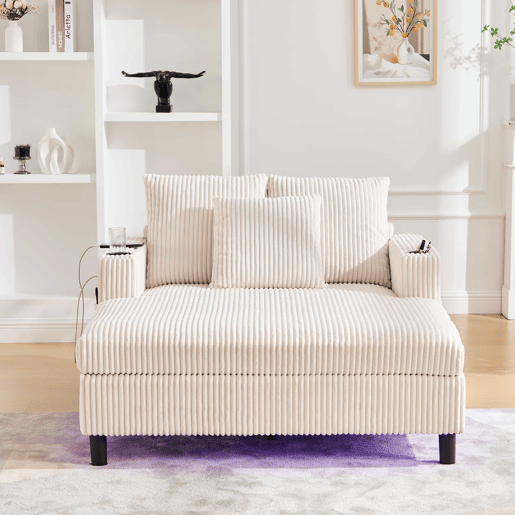 Poltrona chaise longue grande - macia com porta-copos laterais, portas USB, iluminação LED integrada - Bege