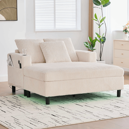Poltrona chaise longue grande - macia com porta-copos laterais, portas USB, iluminação LED integrada - Bege