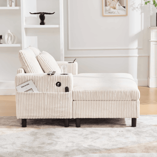 Poltrona chaise longue grande - macia com porta-copos laterais, portas USB, iluminação LED integrada - Bege