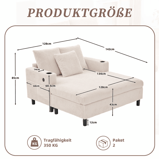 Poltrona chaise longue grande - macia com porta-copos laterais, portas USB, iluminação LED integrada - Bege