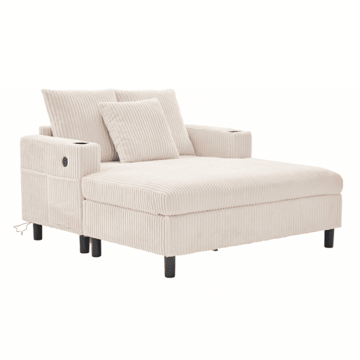 Poltrona chaise longue grande - macia com porta-copos laterais, portas USB, iluminação LED integrada - Bege