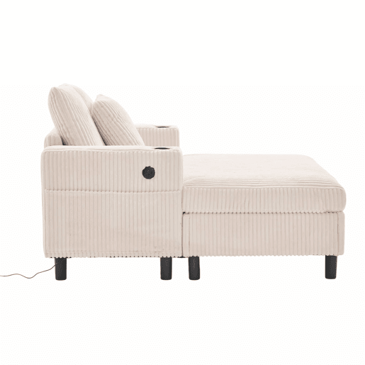 Poltrona chaise longue grande - macia com porta-copos laterais, portas USB, iluminação LED integrada - Bege