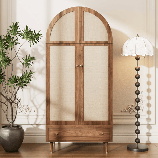 Armário elegante com portas de tecido e gaveta - Aparador - Madeira, pés de madeira estáveis, armazenamento prático para roupas e acessórios