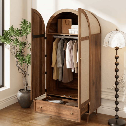 Armário elegante com portas de tecido e gaveta - Aparador - Madeira, pés de madeira estáveis, armazenamento prático para roupas e acessórios