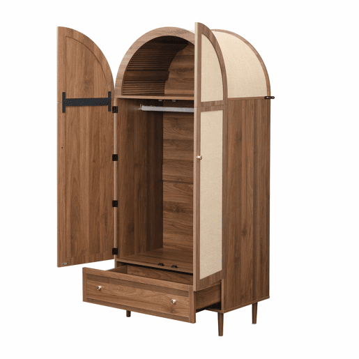 Armário elegante com portas de tecido e gaveta - Aparador - Madeira, pés de madeira estáveis, armazenamento prático para roupas e acessórios