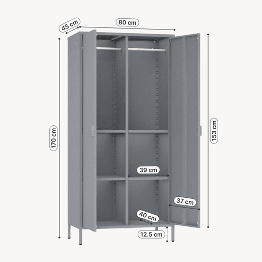 Roupeiro Esteli 2 varões 4 prateleiras reguláveis aço 170x80x45 cm Cinzento en.casa