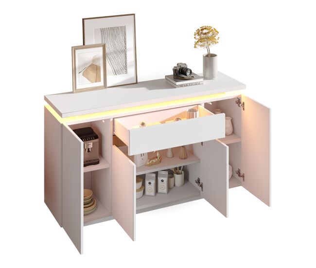 Aparador de panel de partículas con 4 puertas,1 cajón y luz led,blanco
